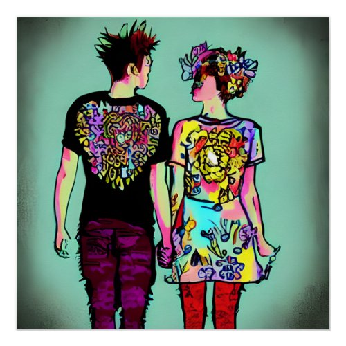Cute Grunge Punk Rock Couple Holding Hands AI Art Poster