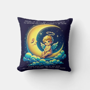 Cute Guardian Angel Cherub and Moon Expressionist Throw Pillow