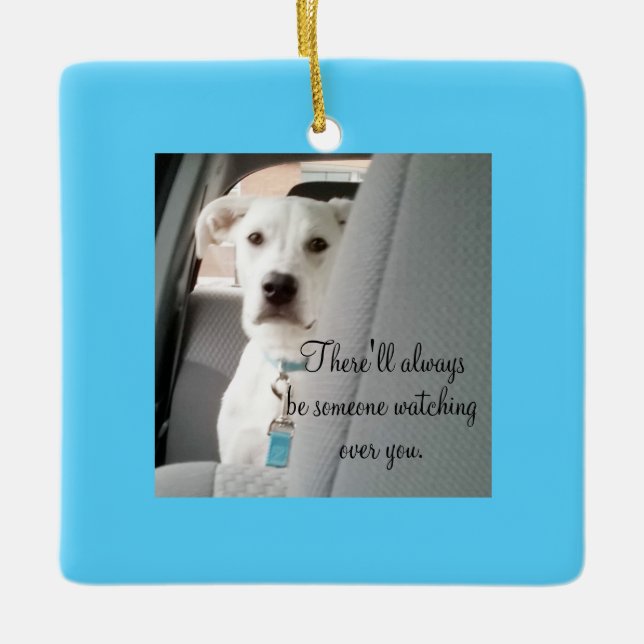 Cute Guardian Angel White Dog Watching Christmas Ceramic Ornament (Front)