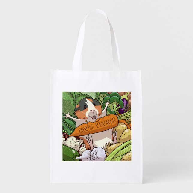 Cute Guinea Pig 100% Veggie Carrot Cartoon Grocery Bag (Front)