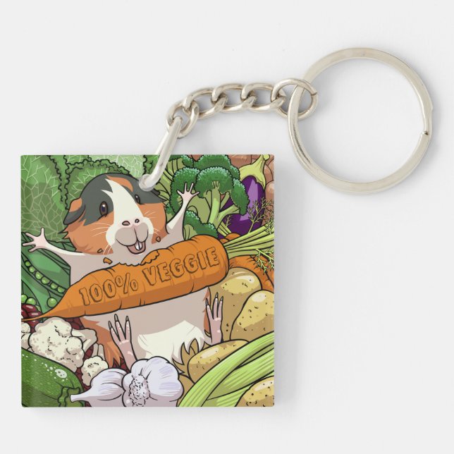Cute Guinea Pig 100% Veggie Carrot Cartoon Keychain (Back)
