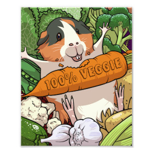 Cute Guinea Pig 100% Veggie Carrot Cartoon Photo Print