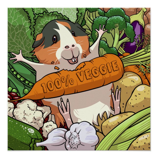 Cute Guinea Pig 100% Veggie Carrot Cartoon Poster (Front)