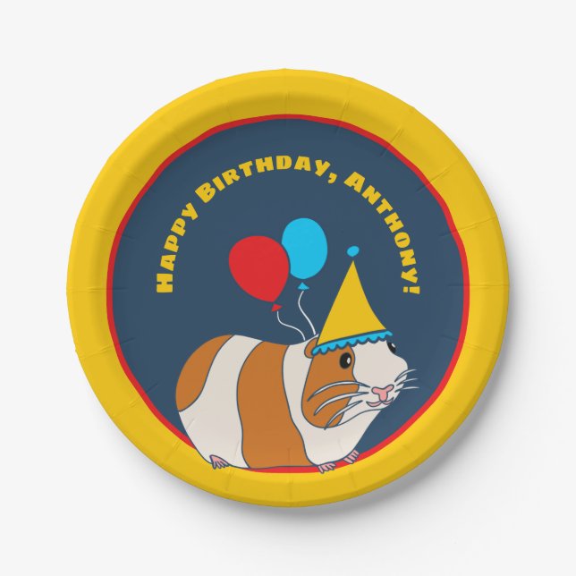 Cute Guinea Pig and Balloons Birthday Party Paper Plates (Front)
