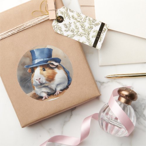 cute guinea pig blue top hat classic round sticker