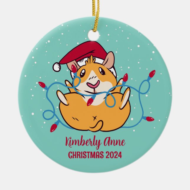 Cute Guinea Pig Christmas Snowy Winter Holiday Ceramic Ornament (Front)
