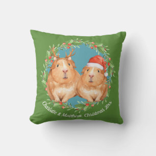 Cute Guinea Pig Couple Christmas Wreath Throw Pillow