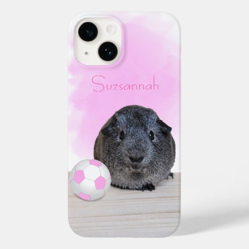 Cute Guinea Pig Girly Pink Soccer Ball Custom Name Case_Mate iPhone 14 Case