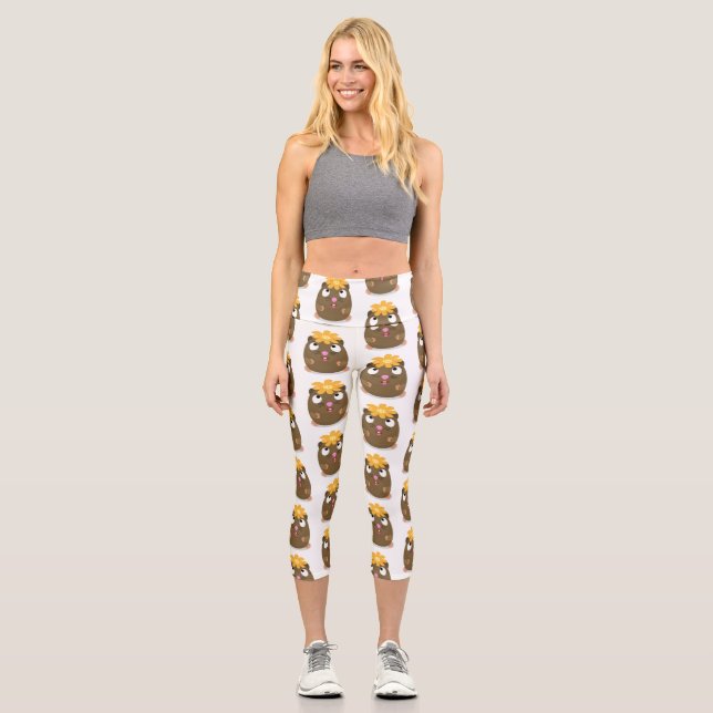 Cute guinea pig happy cartoon illustration capri leggings (Front)