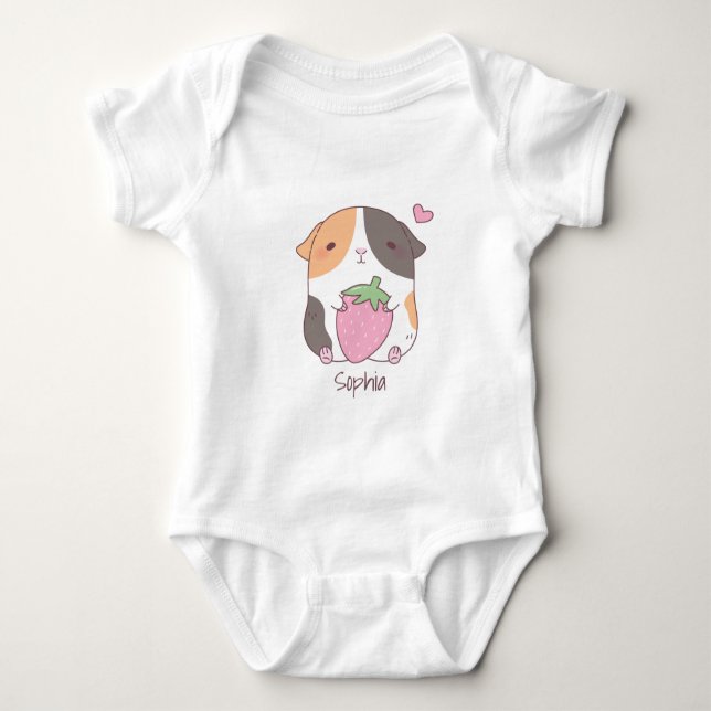 Cute Guinea Pig Hugs Strawberry Doodle Baby Bodysuit (Front)