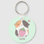 Cute Guinea Pig Hugs Strawberry Personalized Keychain at Zazzle
