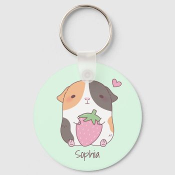 Cute Guinea Pig Hugs Strawberry Personalized Keychain by RustyDoodle at Zazzle