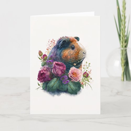 Cute Guinea Pig in Magenta Flowers Valentines Day Holiday Card