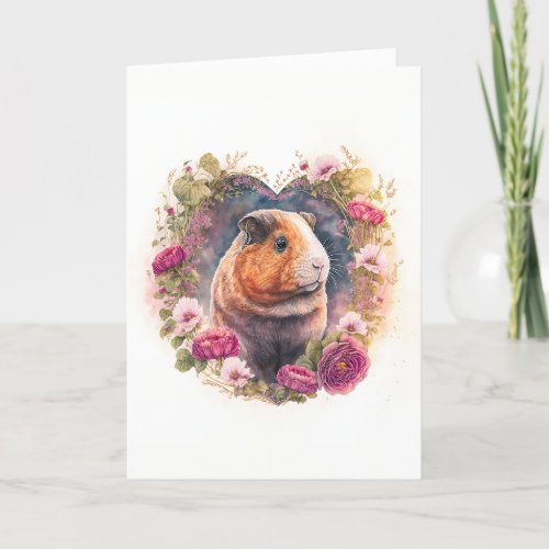 Cute Guinea Pig in Pink Flowers Valentines Day Holiday Card