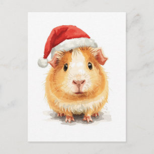 Cute Guinea Pig in Santa Hat Watercolor Holiday Postcard