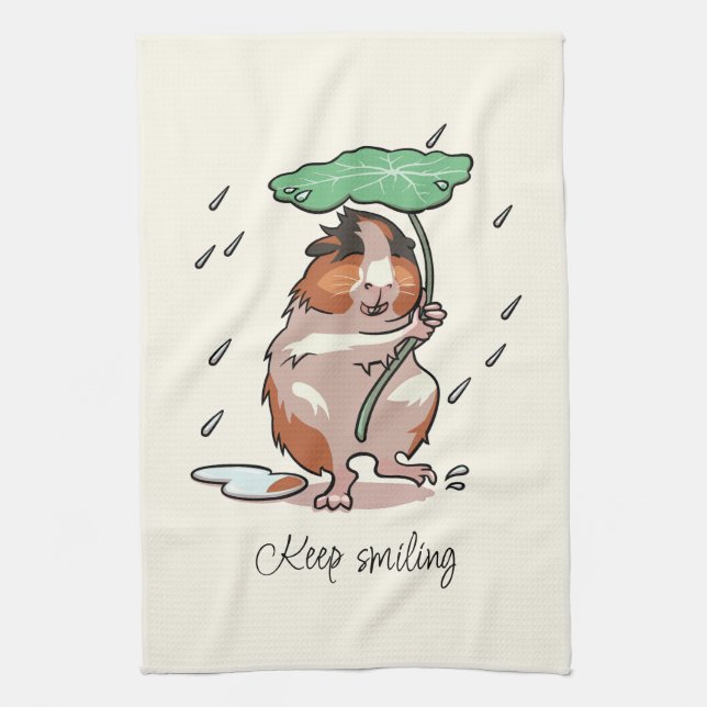 Cute Guinea Pig Keep Smiling! Dancing In The Rain Kitchen Towel (Vertical)