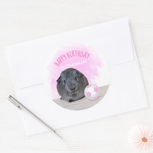 Cute Guinea Pig Pink Soccer Ball Custom Birthday Classic Round Sticker