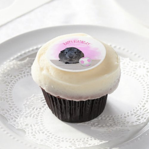 Cute Guinea Pig Pink Soccer Ball Custom Birthday Edible Frosting Rounds