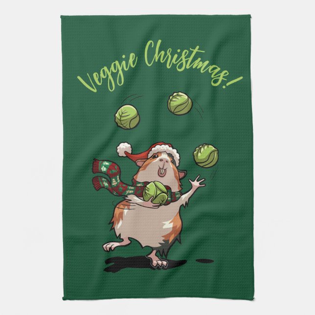 Cute Guinea Pig Veggie Christmas! Sprout Juggler Kitchen Towel (Vertical)