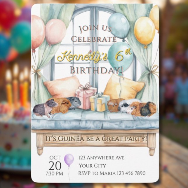 Cute Guinea Pig Watercolor Birthday Party Invitation (Creator Uploaded)