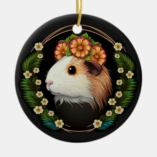 Cute guinea pig with a crown of primroses ceramic ornament