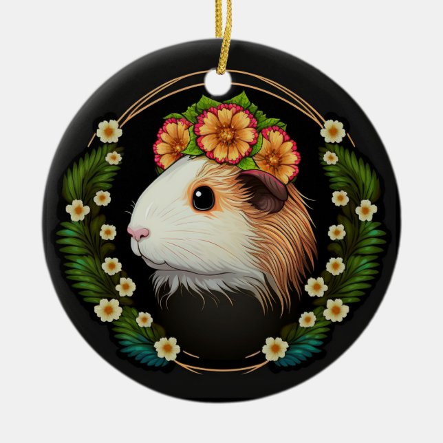 Cute guinea pig with a crown of primroses ceramic ornament (Front)