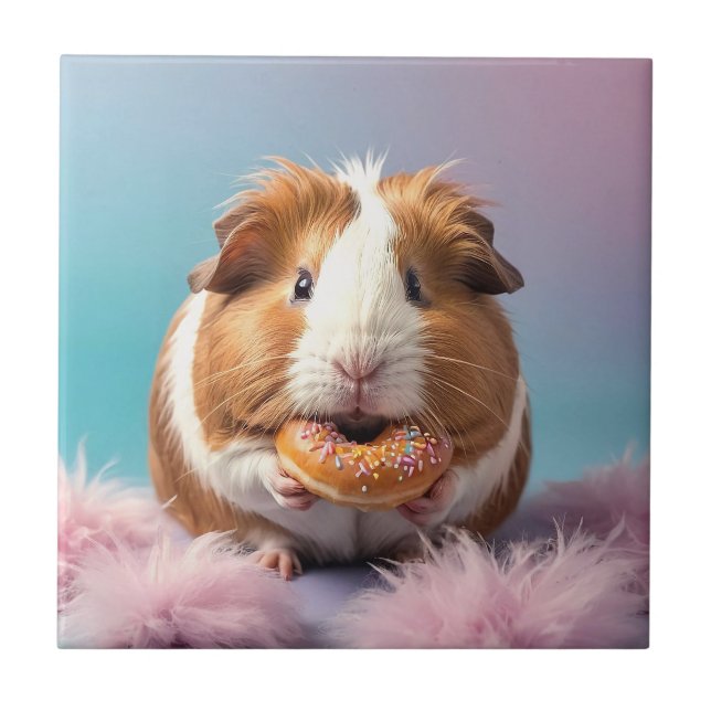 Cute Guinea Pig With Donut Pastel Gradient  Ceramic Tile (Front)