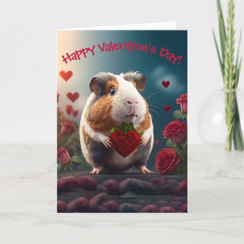 Cute Guinea Pig with Flower Heart Valentines Day  Holiday Card