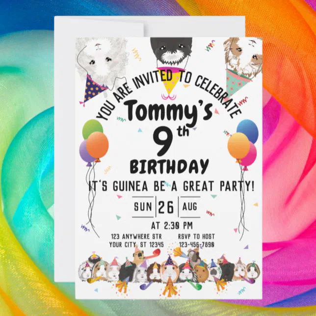 Cute Guinea Pigs & Balloons Birthday Party Invitation | Zazzle