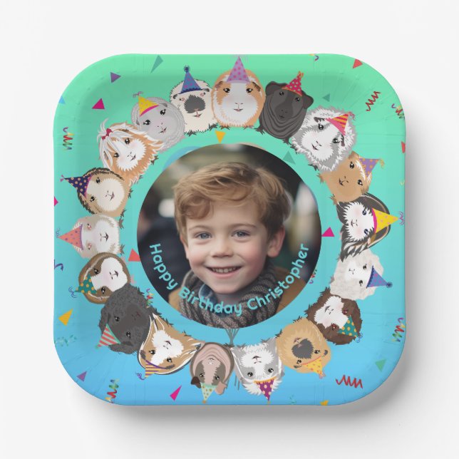 Cute Guinea Pigs Birthday Party GREEN-BLUE Paper Plates (Front)