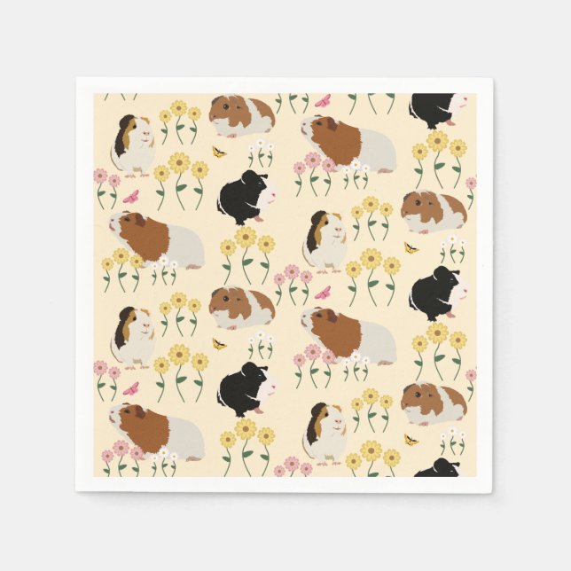 Cute Guinea Pigs In Flower Garden Pattern - Yellow Napkins (Front)