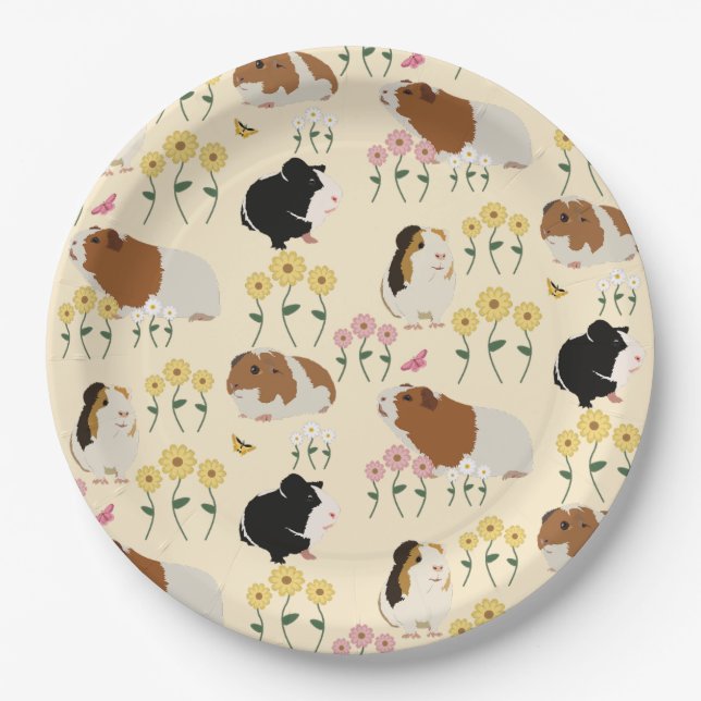 Cute Guinea Pigs In Flower Garden Pattern - Yellow Paper Plates (Front)