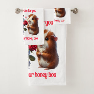 Cute Guinea Pigs in Love Exchange a Red Rose Bath Towel Set