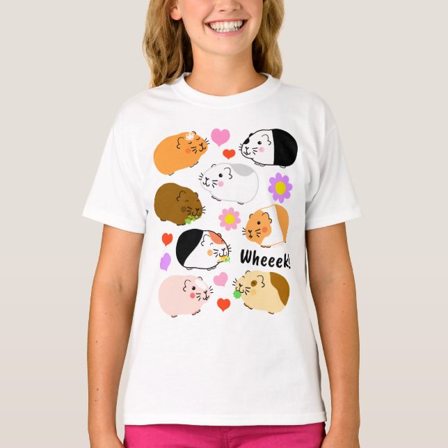 Cute Guinea Pigs with Hearts and Flowers T-Shirt (Front)