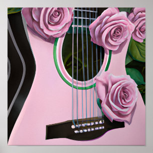 CUTE GUITAR WITH PINK ROSES POSTER