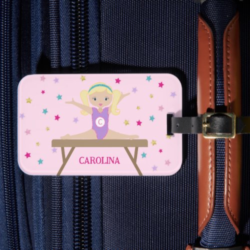 Cute Gymnast with Blonde Hair  Glitter Stars Name Luggage Tag