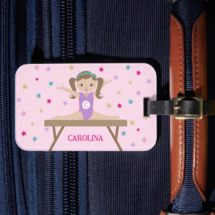 Cute Gymnast with Brown Hair & Glitter Stars Name Luggage Tag