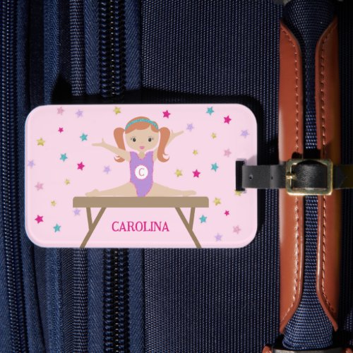 Cute Gymnast with Red Hair  Glitter Stars Name Luggage Tag