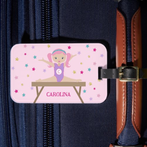 Cute Gymnast with Stars Pink  Purple Name Luggage Tag