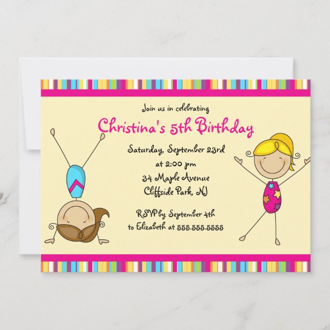 Cute Gymnastic Birthday Party Invitations (Front)