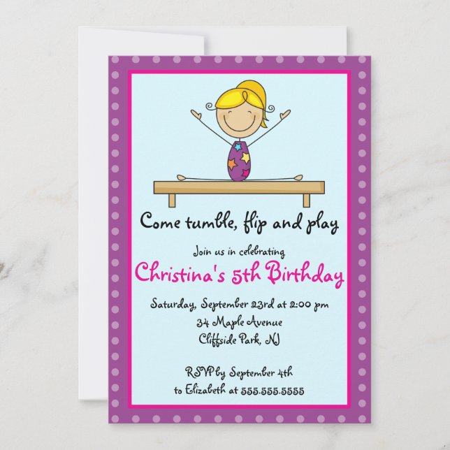 Cute Gymnastic Birthday Party Invitations (Front)