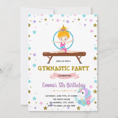 Cute gymnastic unicorn party invitation