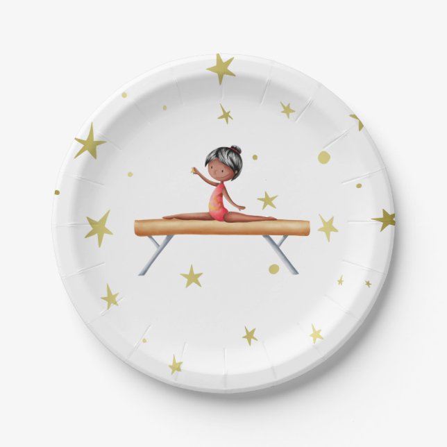 Cute Gymnastics Black Girl Birthday Paper Plates (Front)