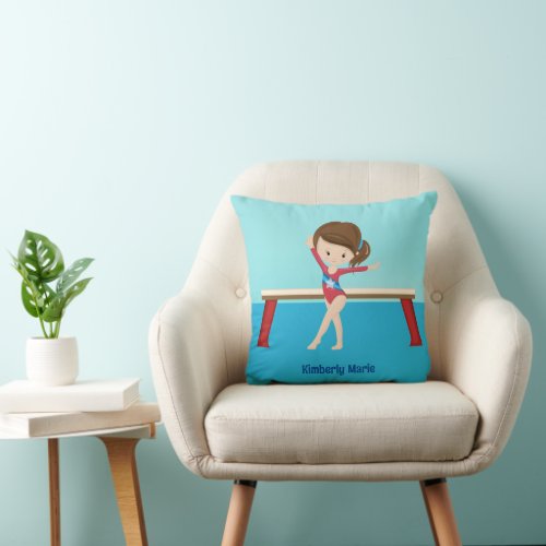 Cute Gymnastics Girl Personalized Gymnast Kids Throw Pillow