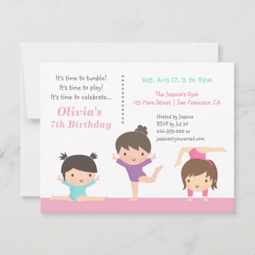 Cute Gymnastics Girls Birthday Party Invitations