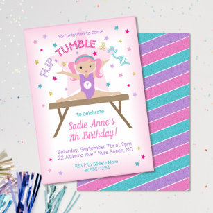 Cute Gymnastics Pink Hair Jump Birthday Party Invitation