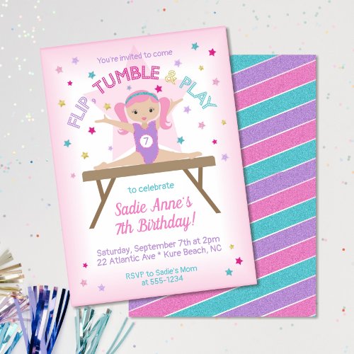Cute Gymnastics Pink Hair Jump Birthday Party Invitation