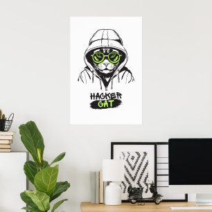 Cute Hacker Cat Illustration – Cybersecurity gift  Poster