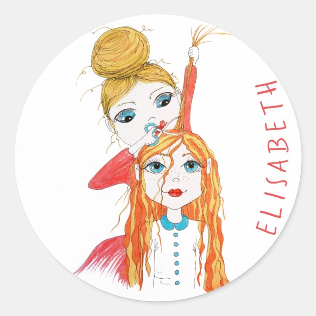 Cute Haircut Whimsical Illustration Personalized Classic Round Sticker (Front)