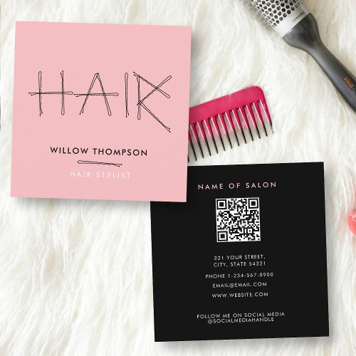 Cute Hairdresser Black Pink Bobby Pins Hair  Square Business Card